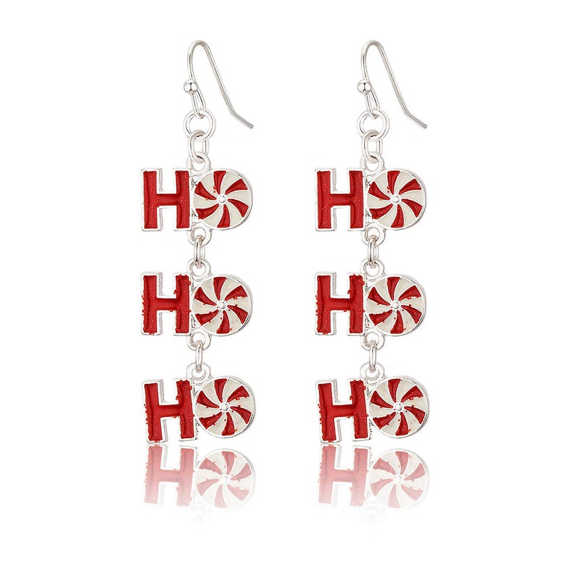 RareLove Christmas Cute HoHoHo Pierced Dangle Earrings Red Candy Cane Color Silver Plated Alloy Holiday For Women - Image 1